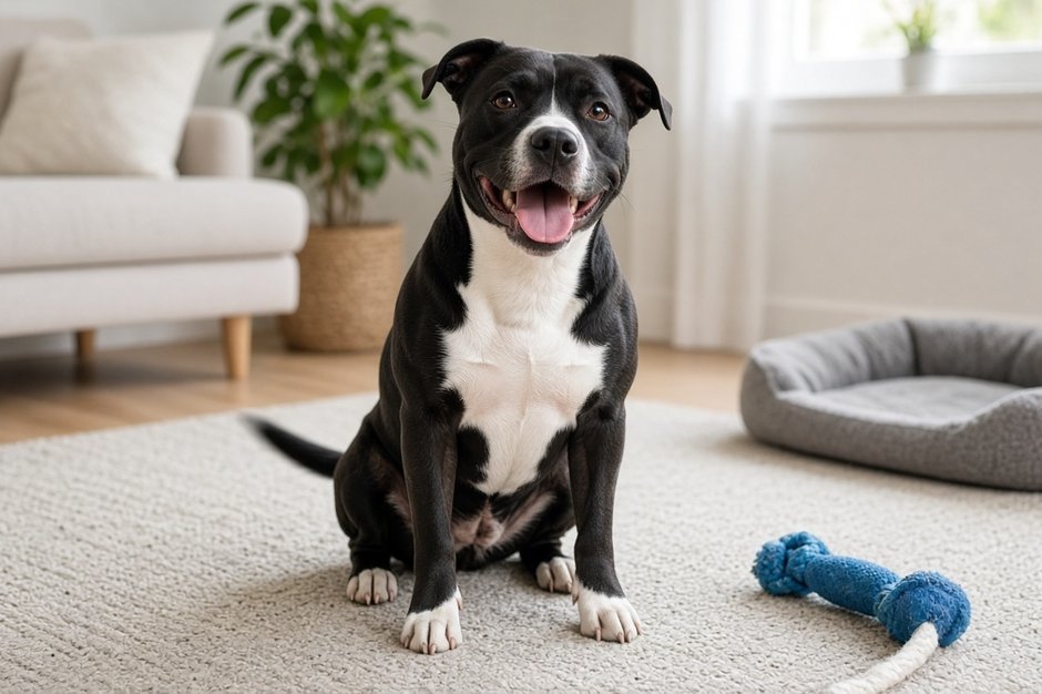 Black-and-white bully-breed dog resting in a foster home