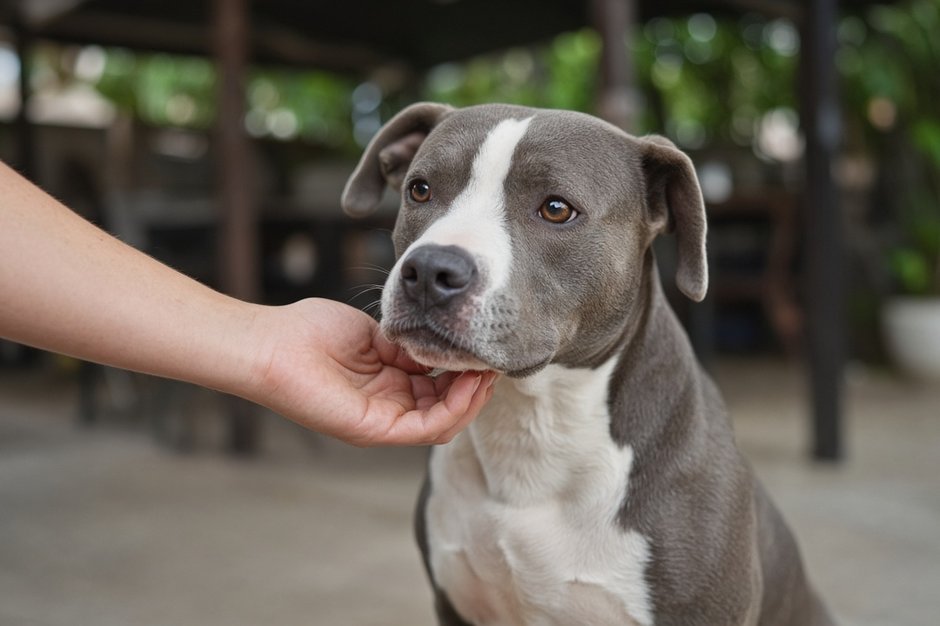 Bully-breed dog gently interacting with an adopter hand during a meet-and-greet