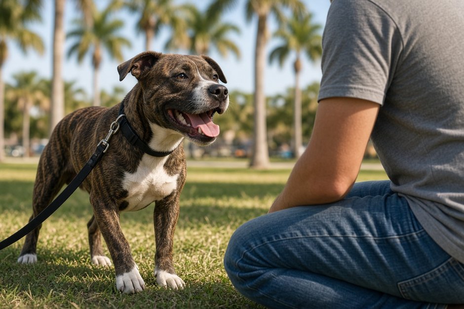 Brindle pitbull mix sitting in a sunny park
